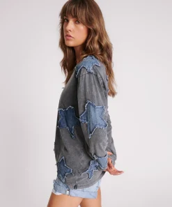 One Teaspoon Tops|Denim Star Boyfriend Longsleeve Tee - Black Acid