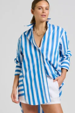 Shirty Clothing Tops|Shirty Andrea Oversized Boyfriend Shirt- Mid Blue Stripe