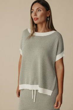 Talamaya Tops|Knitwear|Lattice Short Sleeve Pullover- Dusty Olive & Cream