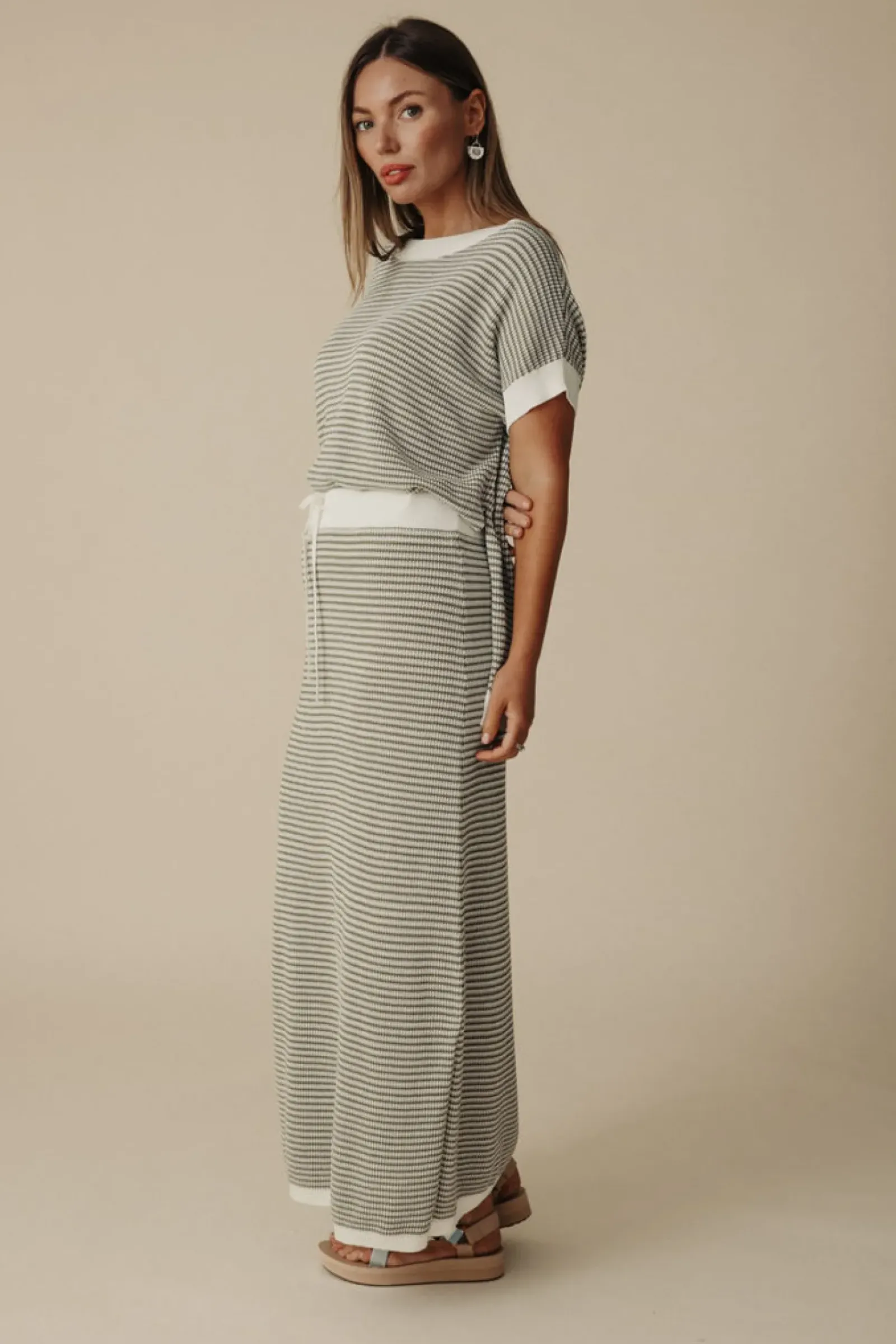 Talamaya Tops|Knitwear|Lattice Short Sleeve Pullover- Dusty Olive & Cream