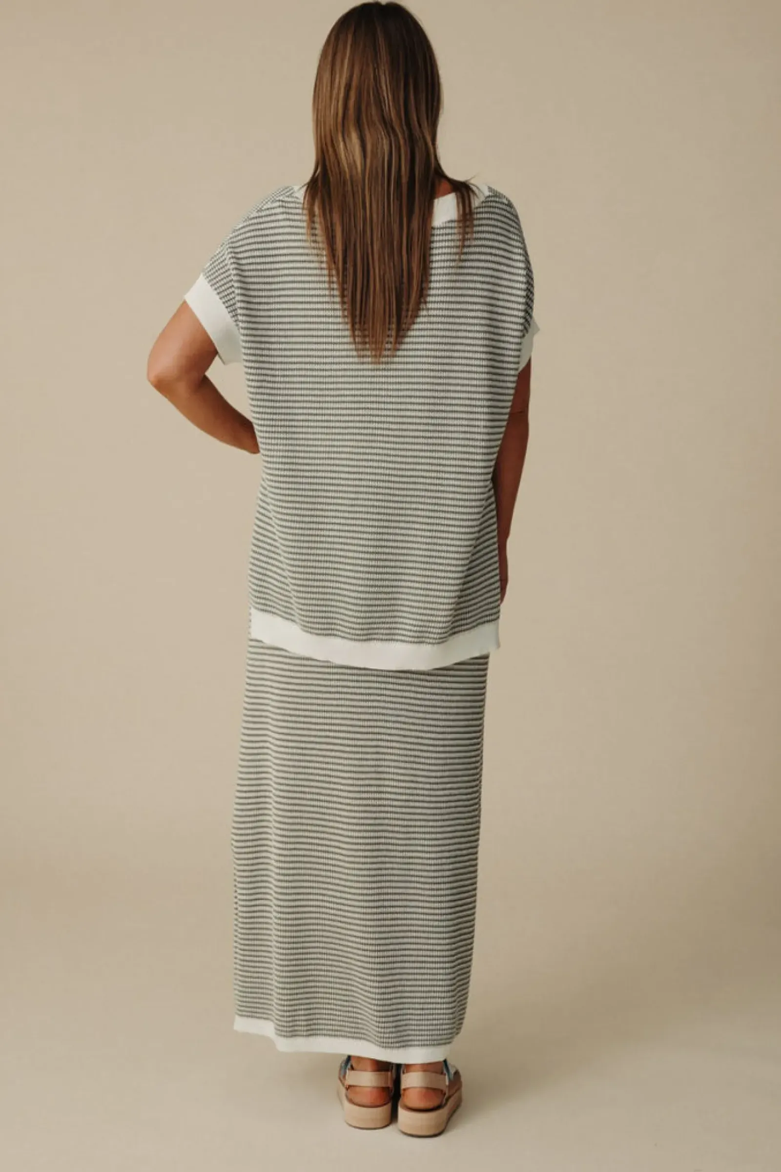Talamaya Tops|Knitwear|Lattice Short Sleeve Pullover- Dusty Olive & Cream