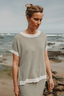 Talamaya Tops|Knitwear|Lattice Short Sleeve Pullover- Dusty Olive & Cream