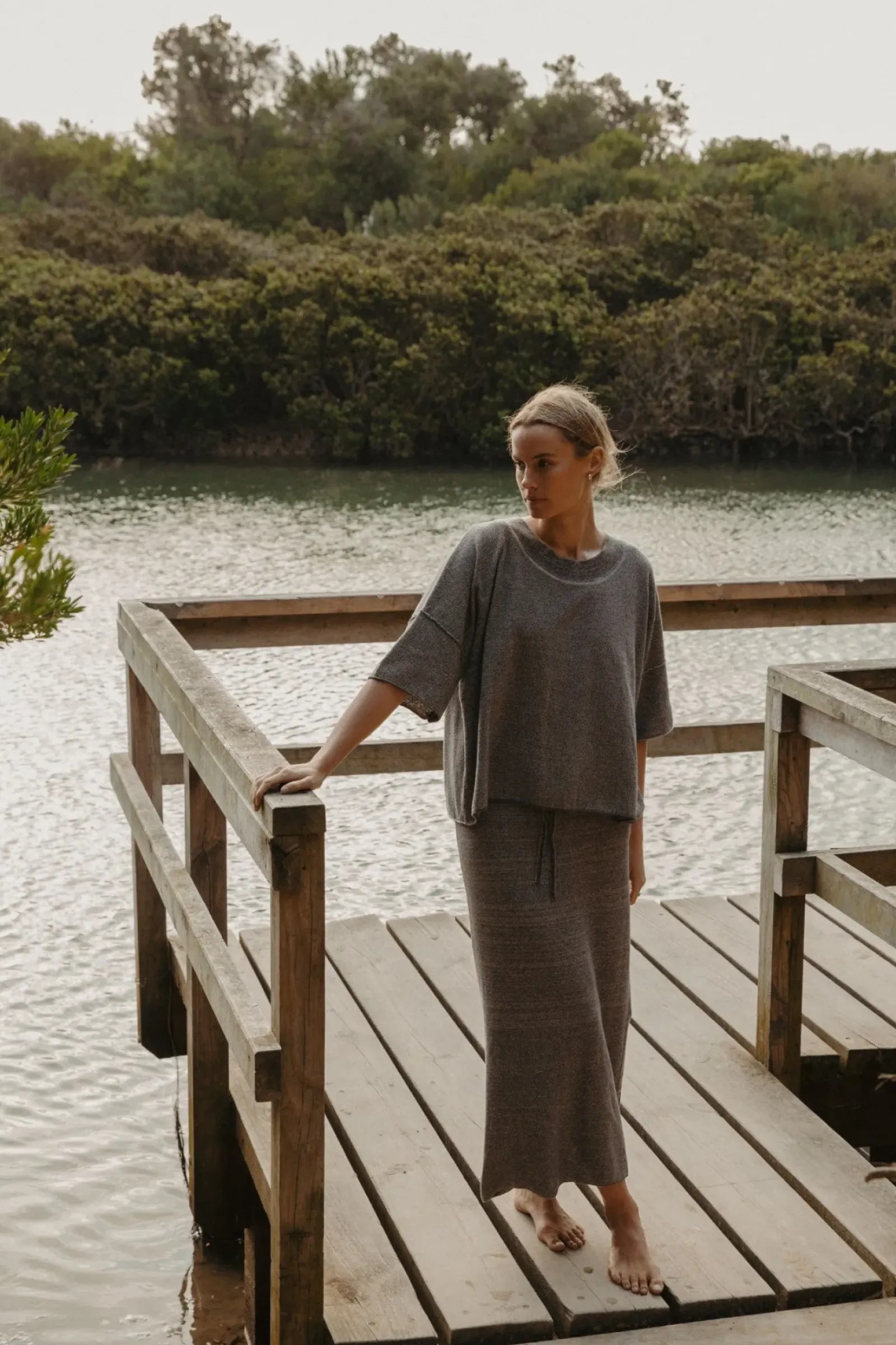 Talamaya Tops|Retreat Cotton Twist Tee Pullover - Washed Black & Silver